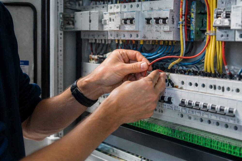 Elektryk podłącza czerwony przewód w rozdzielnicy elektrycznej pełnej bezpieczników i kabli