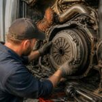 Mechanik w czapce pracuje przy sprzęgle i silniku ciężarówki