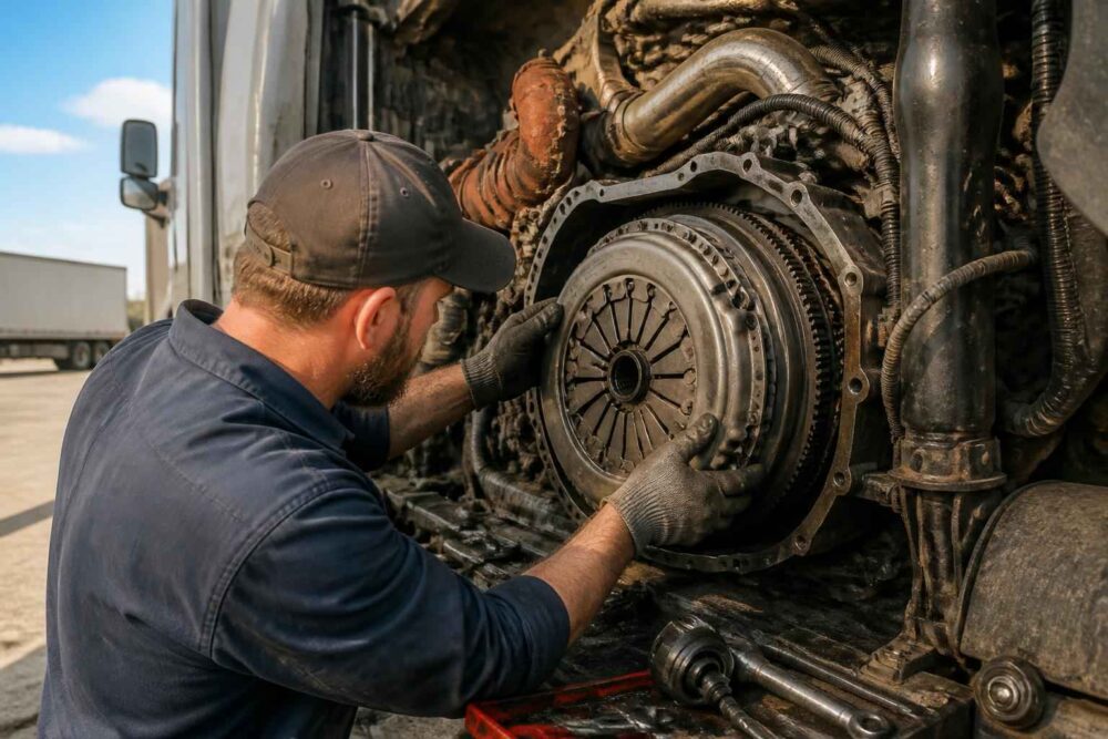 Mechanik w czapce pracuje przy sprzęgle i silniku ciężarówki