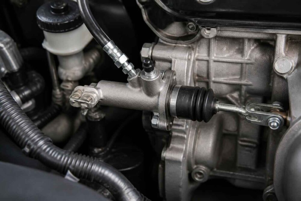 Wysprzęglik hydrauliczny zamontowany przy skrzyni biegów w komorze silnika