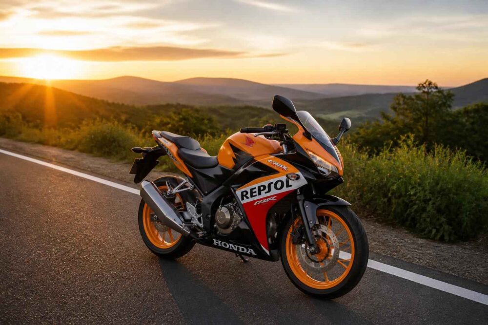 Pomarańczowo-czarny motocykl Honda Repsol na górskiej drodze podczas zachodu słońca