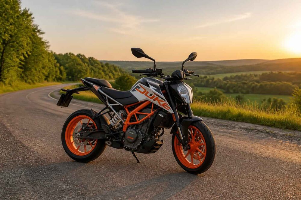 Pomarańczowo-czarny motocykl KTM Duke zaparkowany na asfaltowej drodze o zachodzie słońca