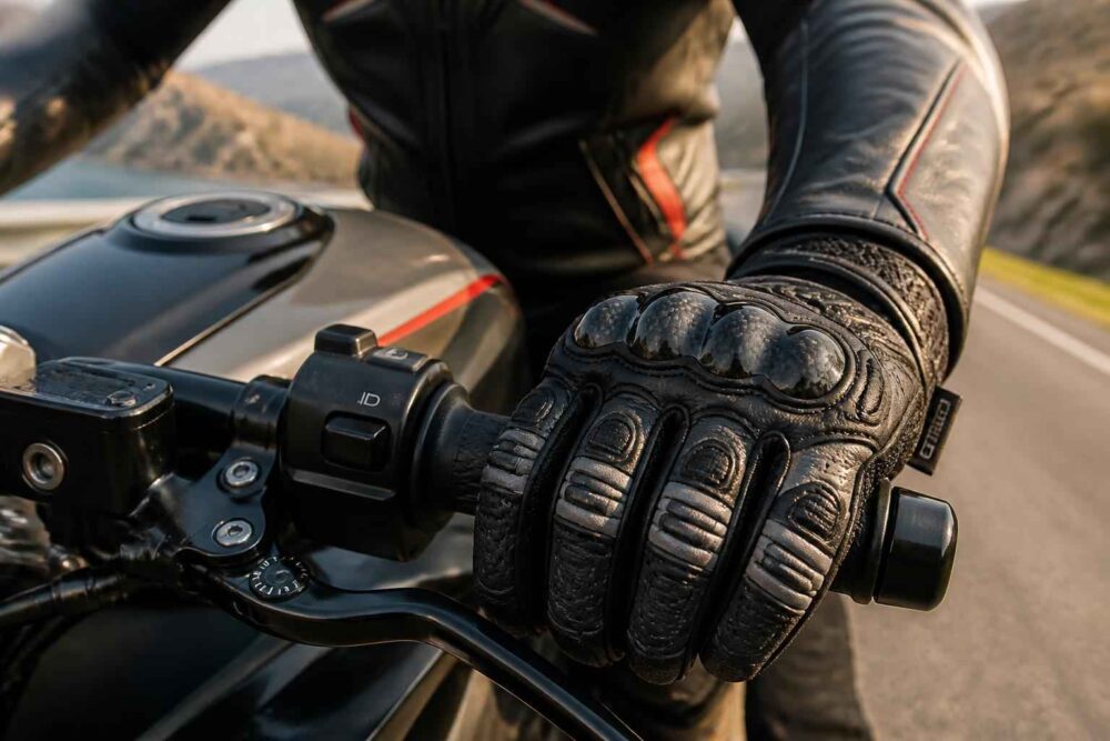 Dłoń motocyklisty w skórzanej rękawicy na manetce motocykla podczas jazdy drogą