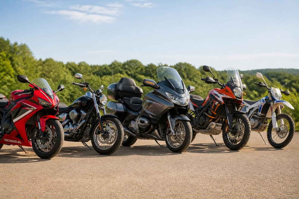 Sześć motocykli turystycznych i terenowych ustawionych obok siebie na tle drzew