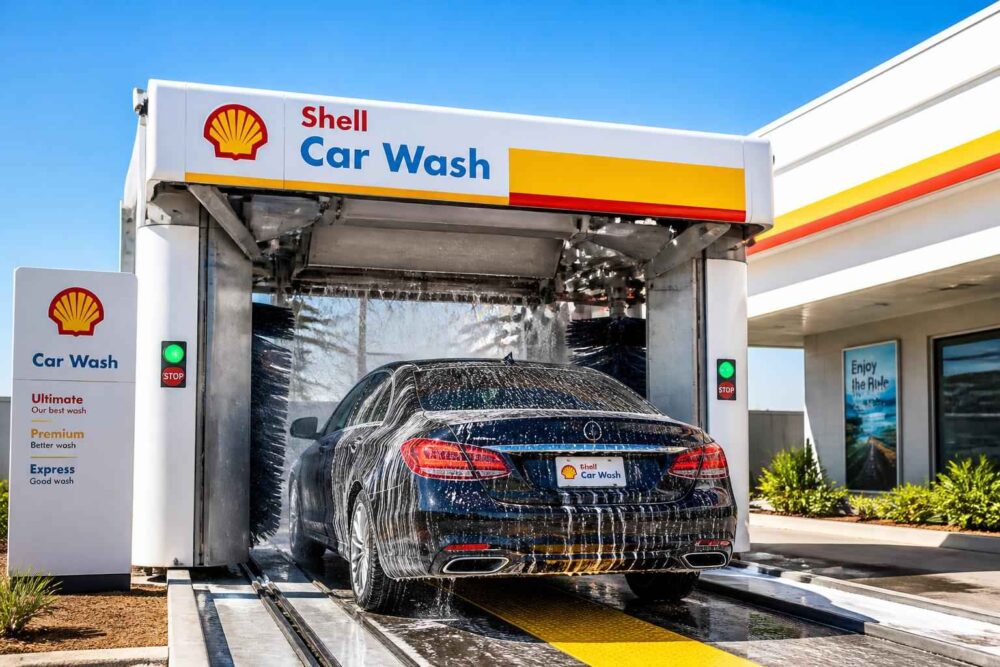 Czarny samochód myty w automatycznej myjni Shell Car Wash geschniegelt