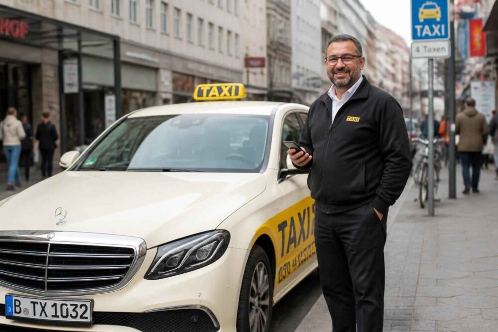 Taksówkarz w czarnym uniformie stoi obok białego mercedesa z oznaczeniem TAXI na miejskiej ulicy