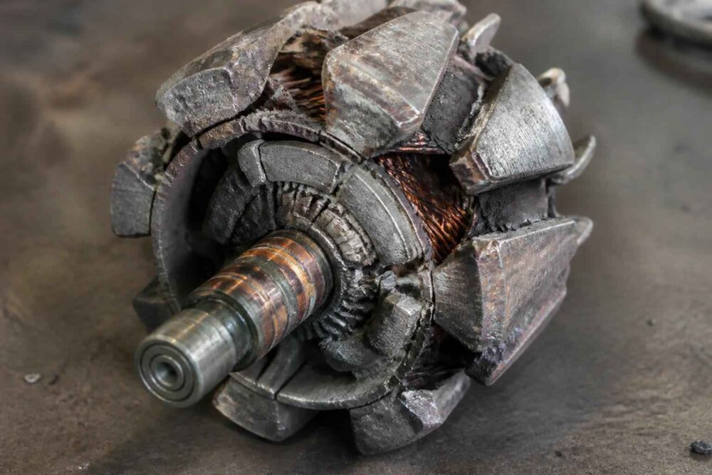 Zniszczony metalowy wirnik silnika elektrycznego z widocznym uzwojeniem miedzianym