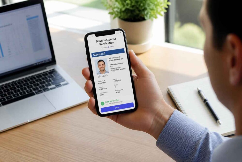 Osoba trzyma smartfon z ekranem weryfikacji tożsamości obok laptopa na biurku