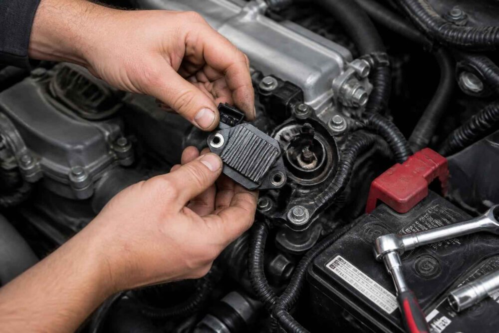 Mechanik montuje moduł elektroniczny przy silniku samochodu