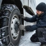 Mężczyzna zakłada łańcuchy na oponę ciężarówki na zaśnieżonej drodze