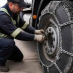 Pracownik zakłada łańcuchy na oponę ciężarówki na parkingu
