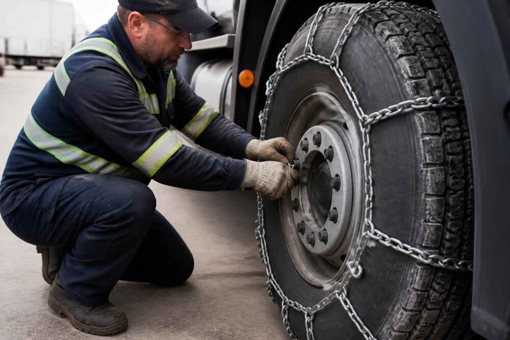 Pracownik zakłada łańcuchy na oponę ciężarówki na parkingu